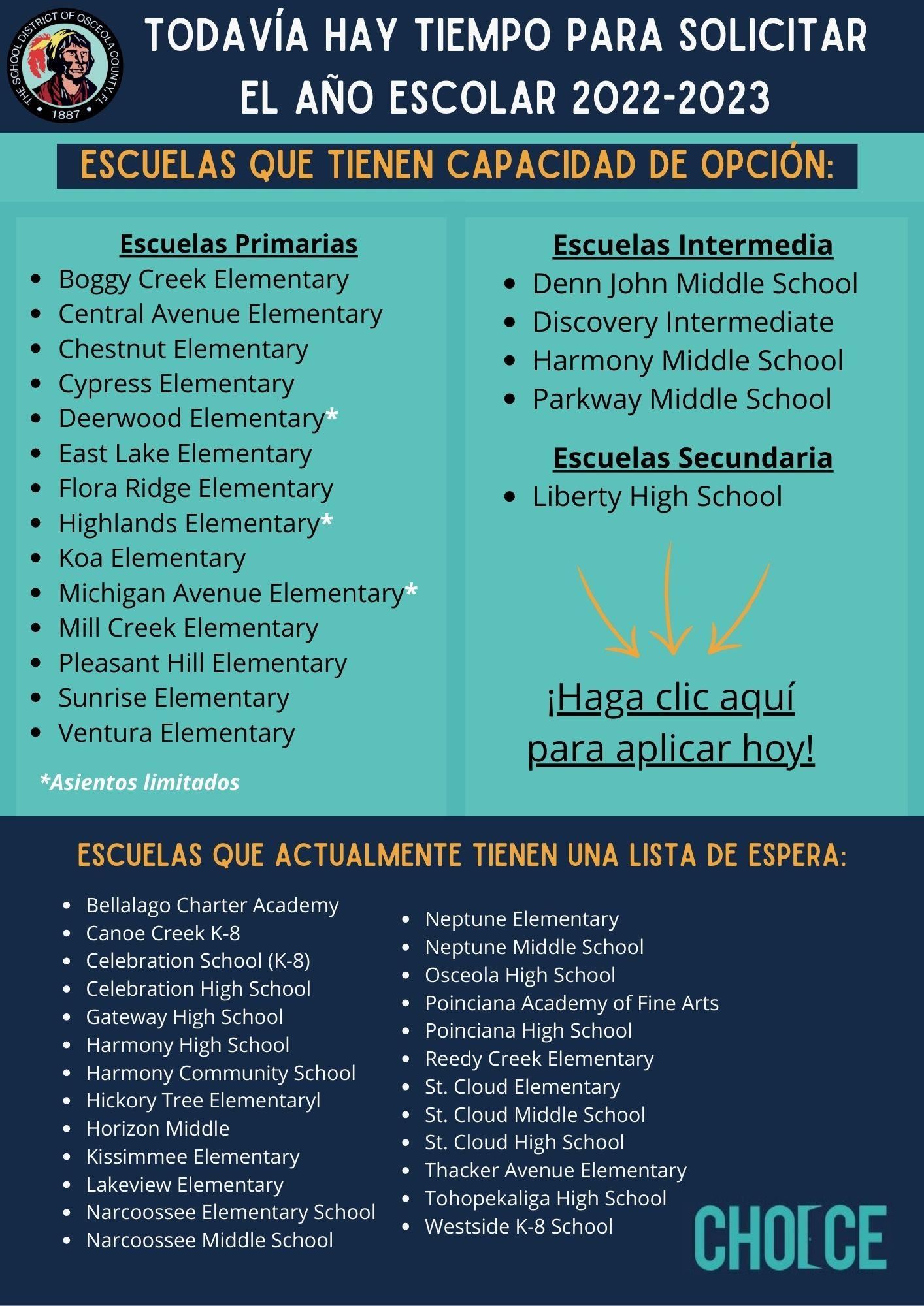 Spanish School list of schools that still have capacity 